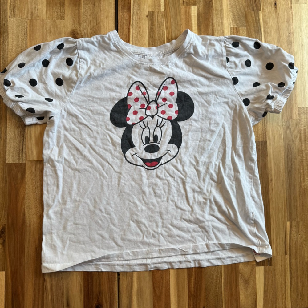 Disney Minnie Mouse White Puff Sleeve Polka Dot‎ Organic Cotton T-Shirt Large